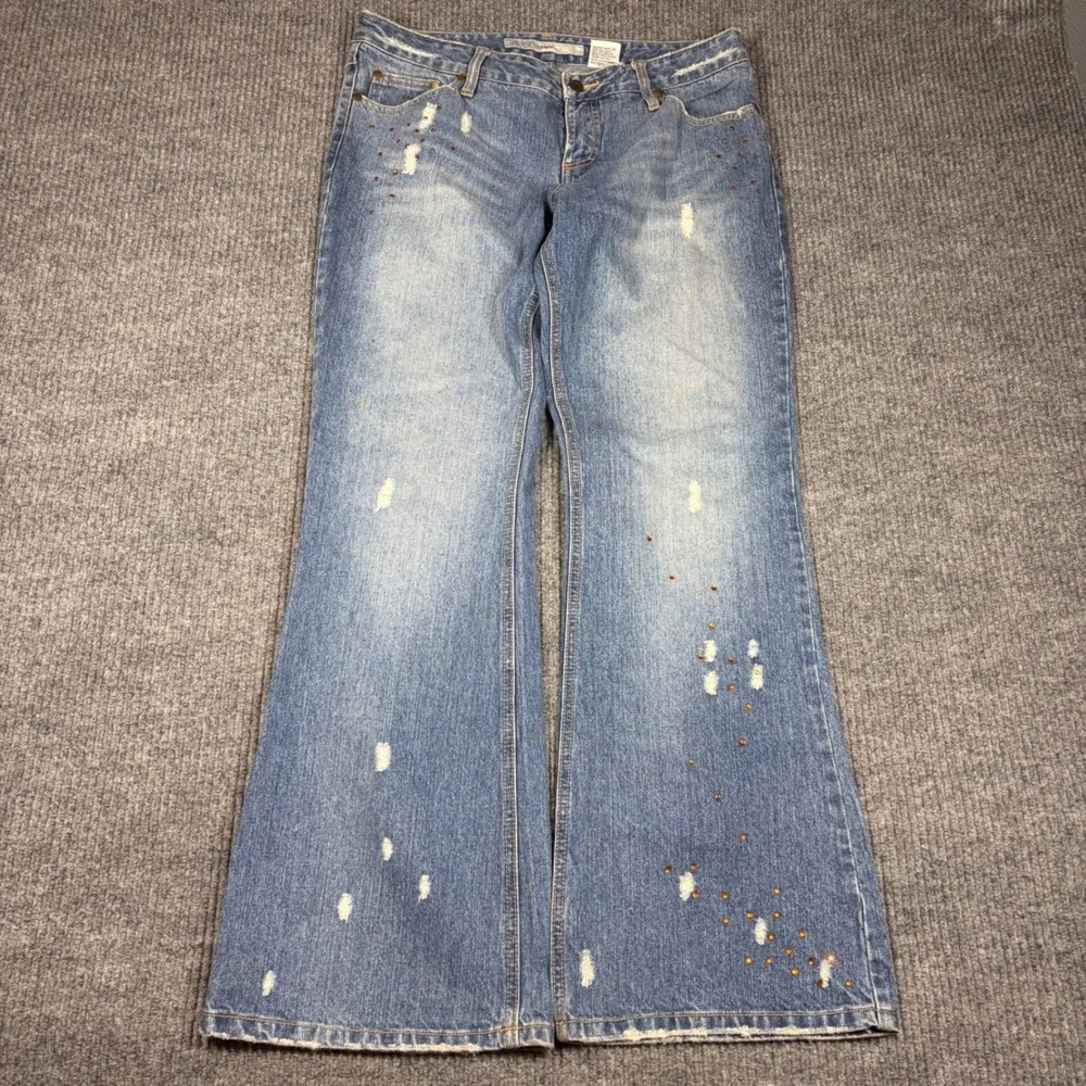 Mudd Jeans Womens 13 Blue Flare Distressed Studded Denim J00253T Low Rise Y2K